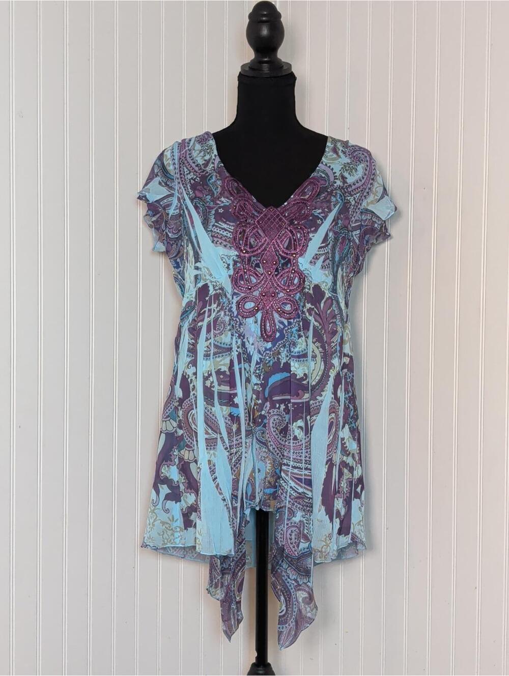 One World Women's Medium Bohemian Style Sheer Tunic Top with Embroidered Detail